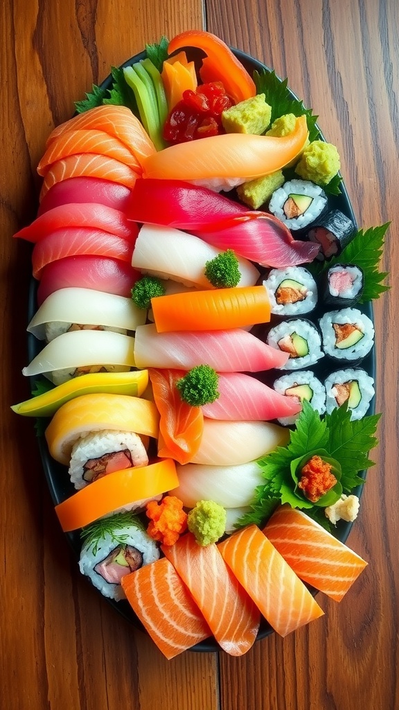 A colorful sushi platter with various rolls, sashimi, and garnishes on a wooden table.